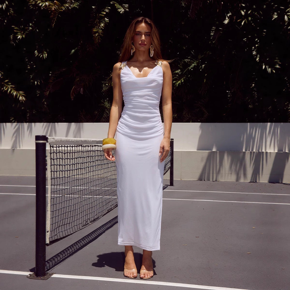 Women Strapless Sleeveless Pleated Bodycon Slit Maxi Dress 5