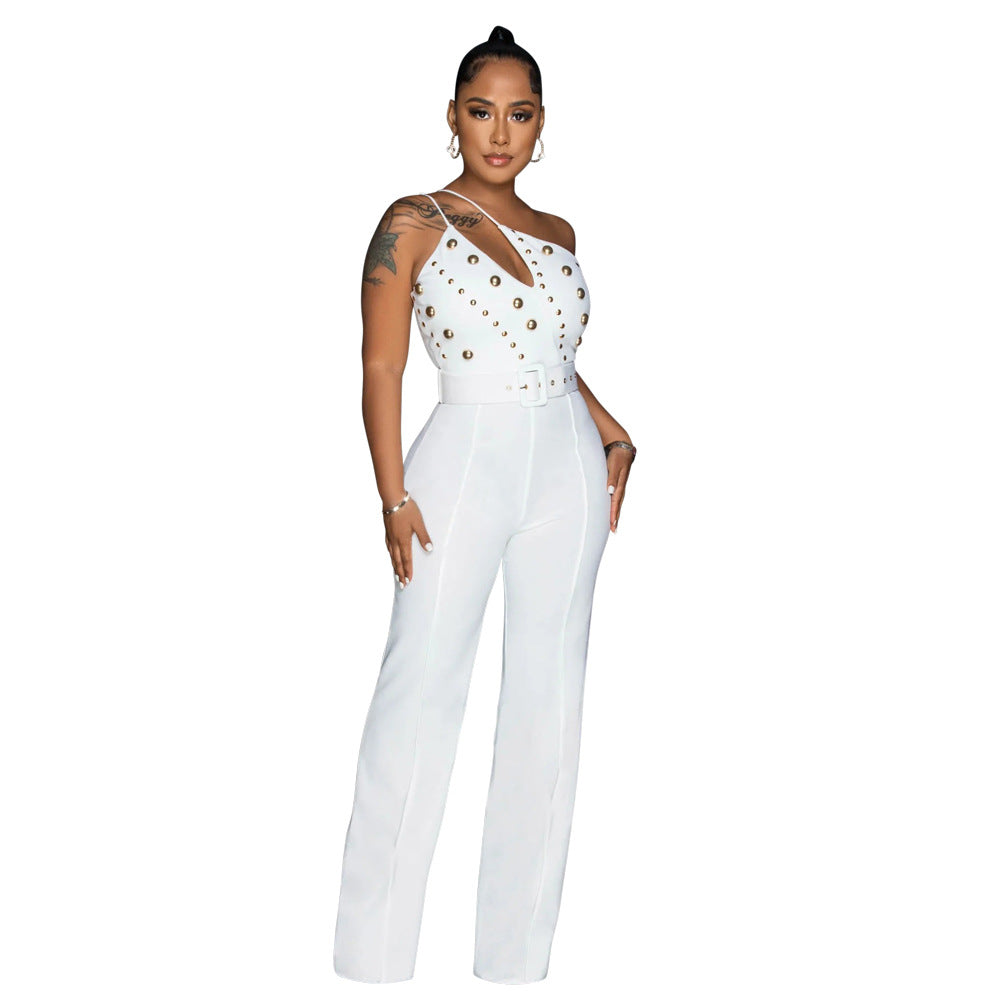 Women's Style Fashionable Solid Color Jumpsuit Slim One Shoulder One Piece Wide Leg Pants 14
