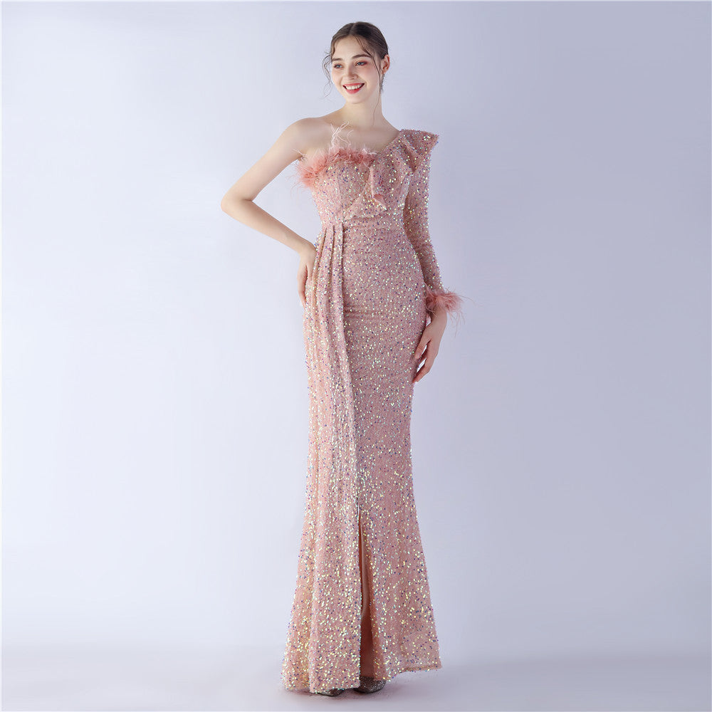Sexy Slash Shoulder Feather Ruffle Long Sleeve Side Slit Sequin Evening Dress