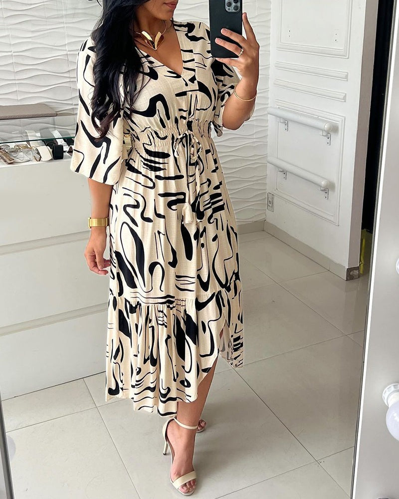 Summer Printed V-Neck High Waist Lace Bell Bottom Half-Sleeve Casual Dress