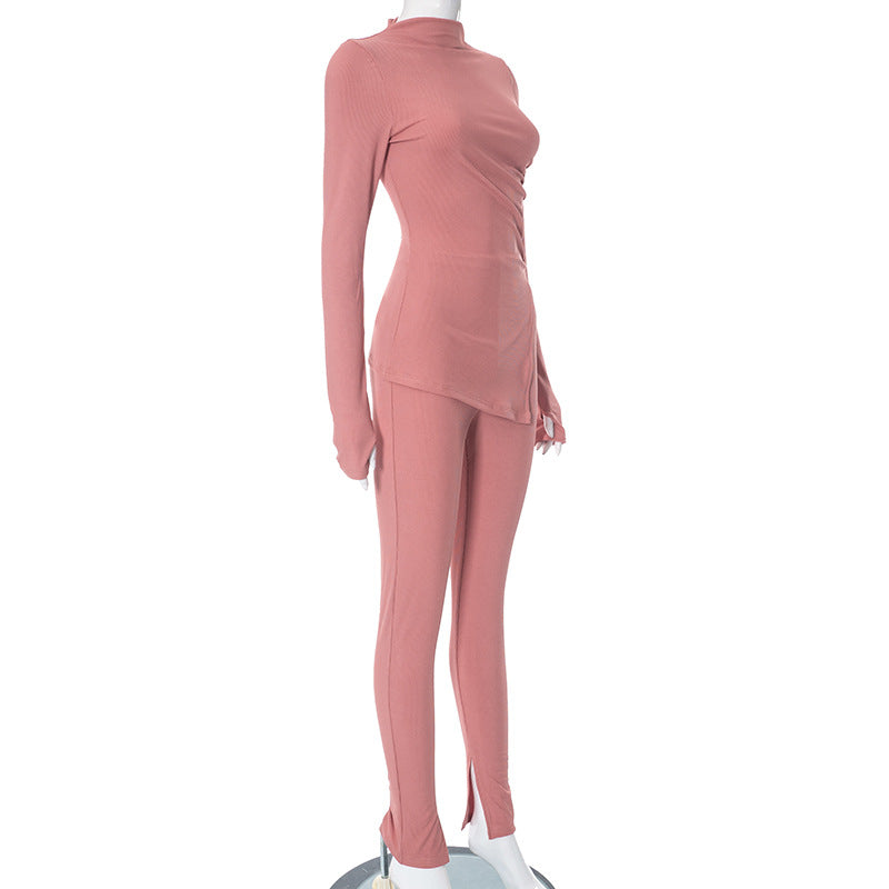 Women's Autumn and Winter Solid Color Tight Fitting Long Sleeve Top Slit Pants Casual Set 12
