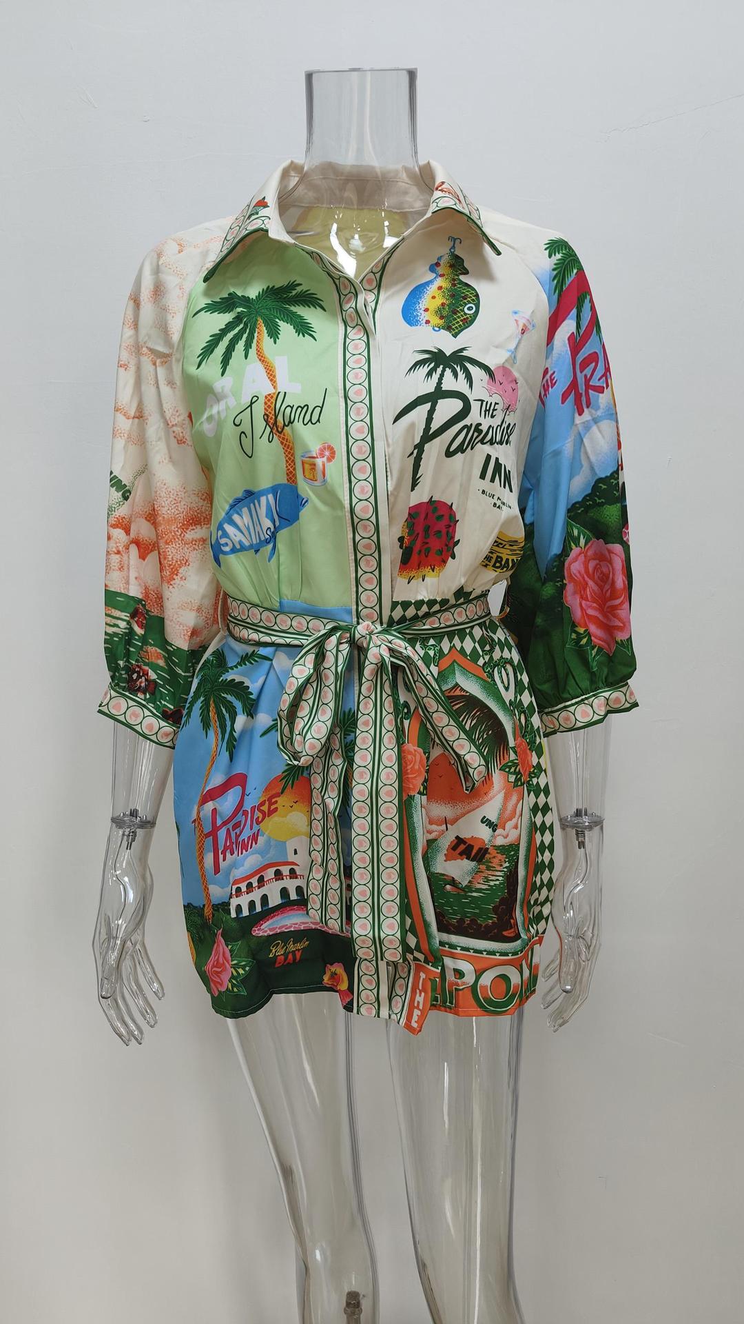 Women's Casual Fashion Printed Turndown Collar Short Dress 7