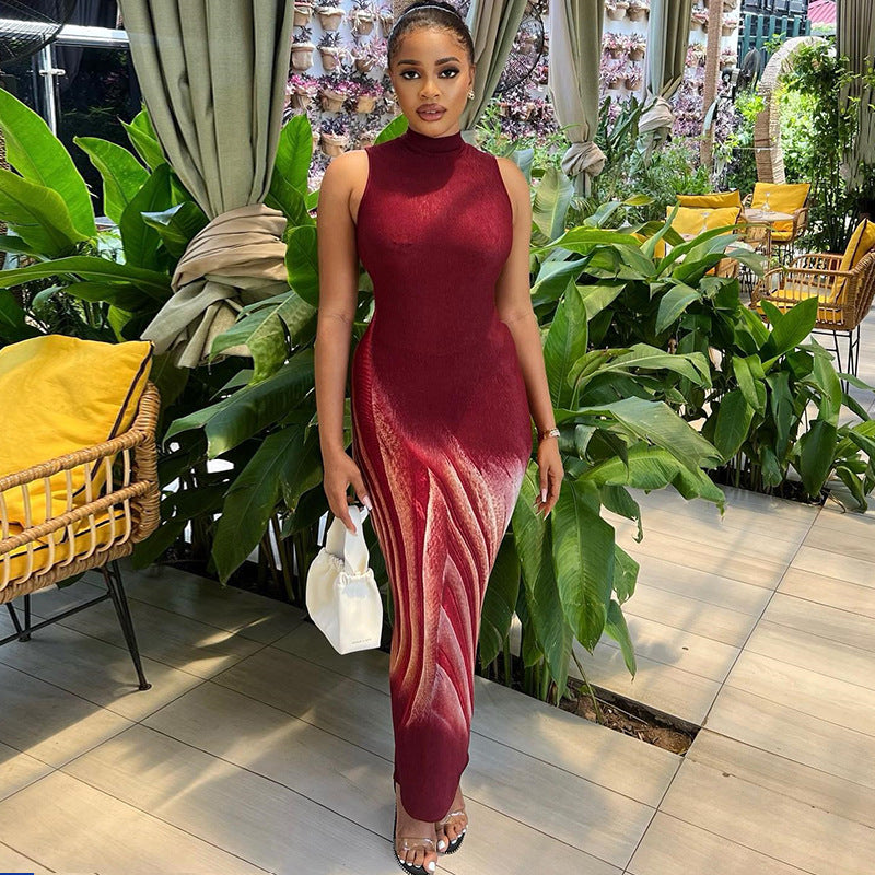 Fashion Printed Sleeveless Slim Long Dress