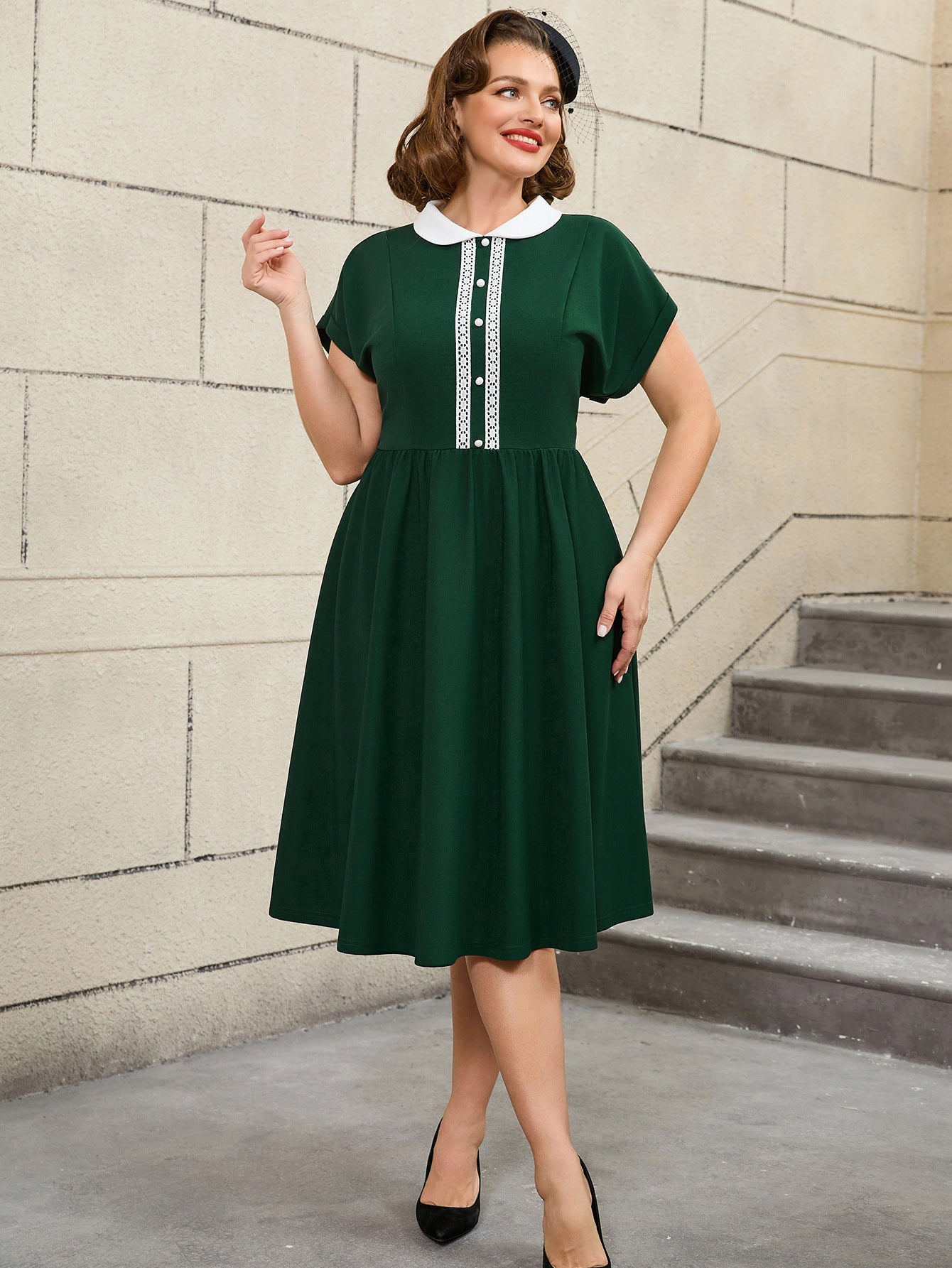 Plus Size Retro Peter Pan Collar Cocktail Elegant A-Line Dress 9
