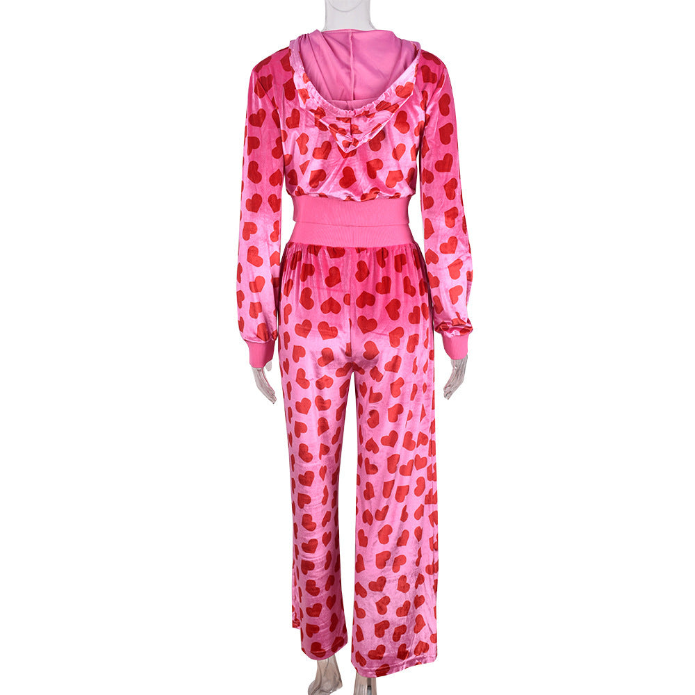 Women Sexy Hooded Printed Zipper Crop Top and Pants Two-piece Set 11