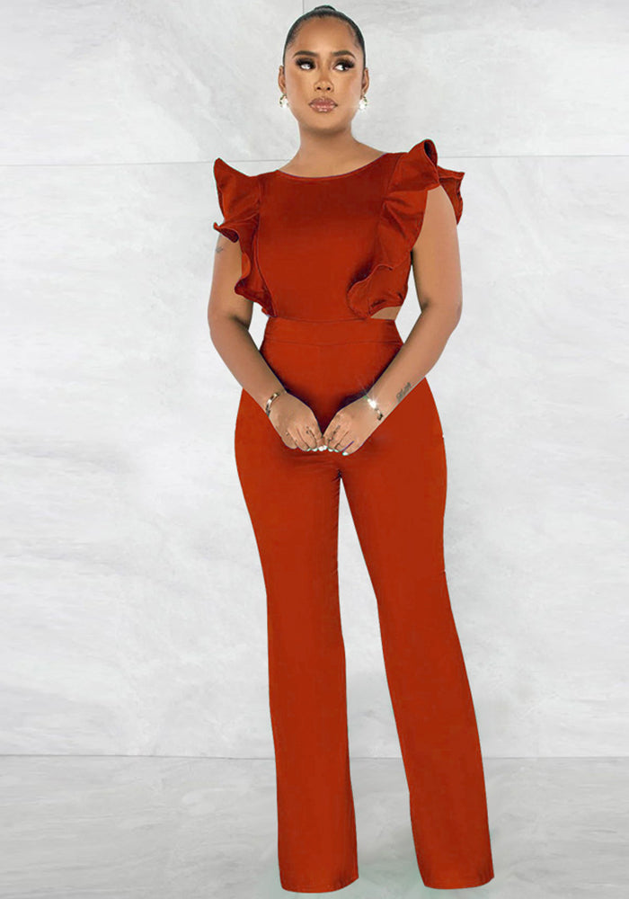 Women Summer Ruffle Round Neck Solid Jumpsuit