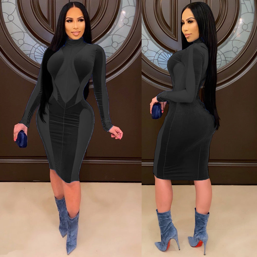 Women Autumn/Winter Sexy Velvet Stretchy Patchwork Long-Sleeved Dress