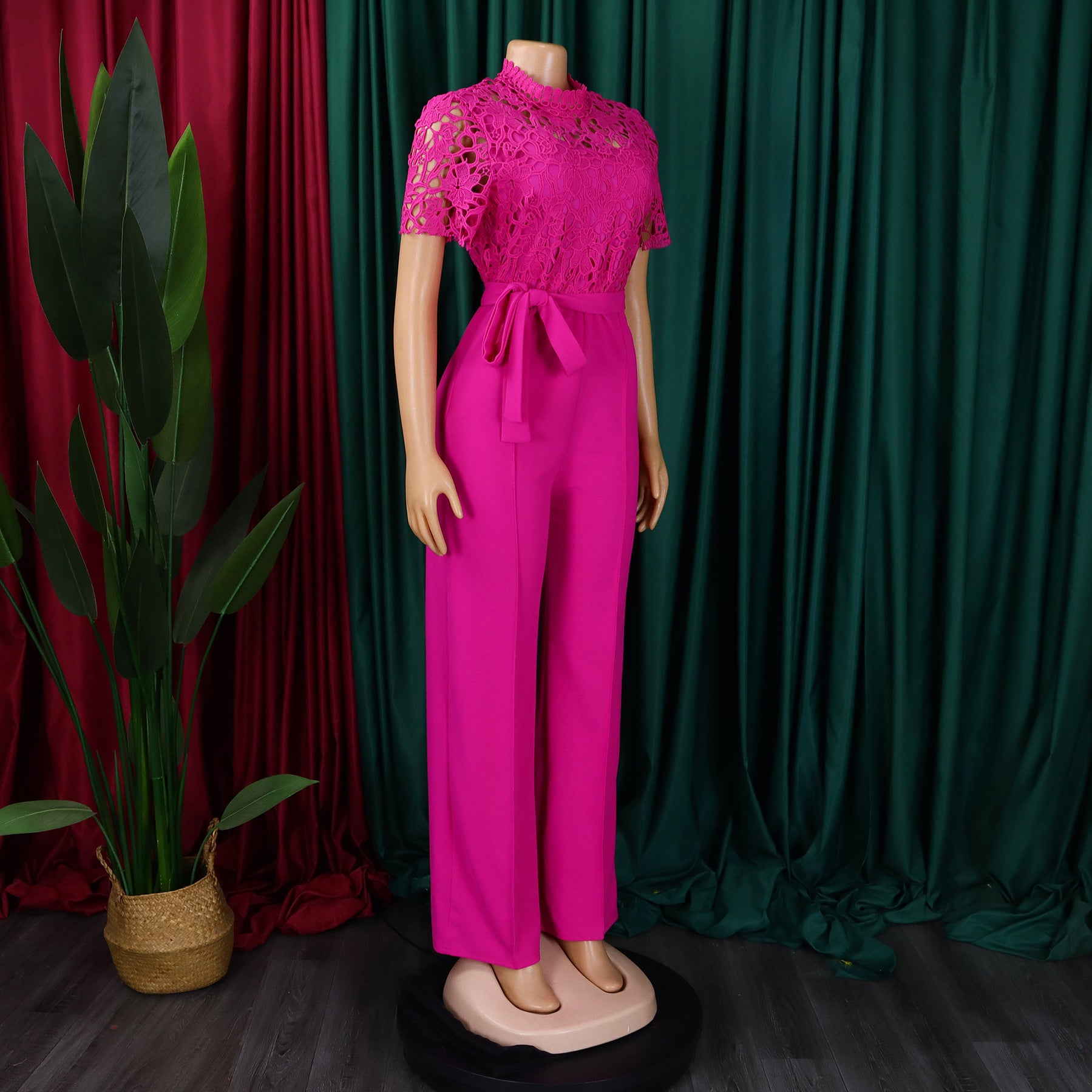 Women's Sexy Lace Hollow Short Sleeve Belt High Waist Wide Leg Jumpsuit 26