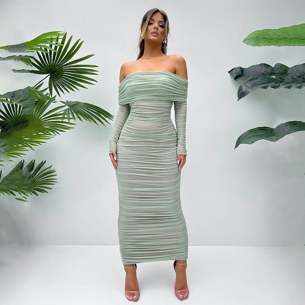Women Autumn Bodycon Sexy Mesh Off Shoulder Gathered Dress 3