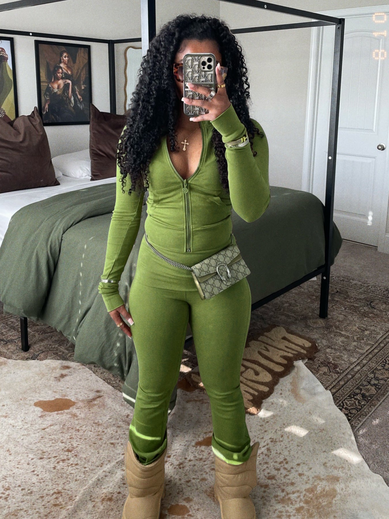 Women Sports Casual Zipper Top and Bell Bottom Pants Two-piece Set 6