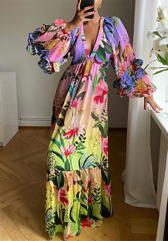 Women summer printed gradient ruffled v-neck sexy Maxi dress