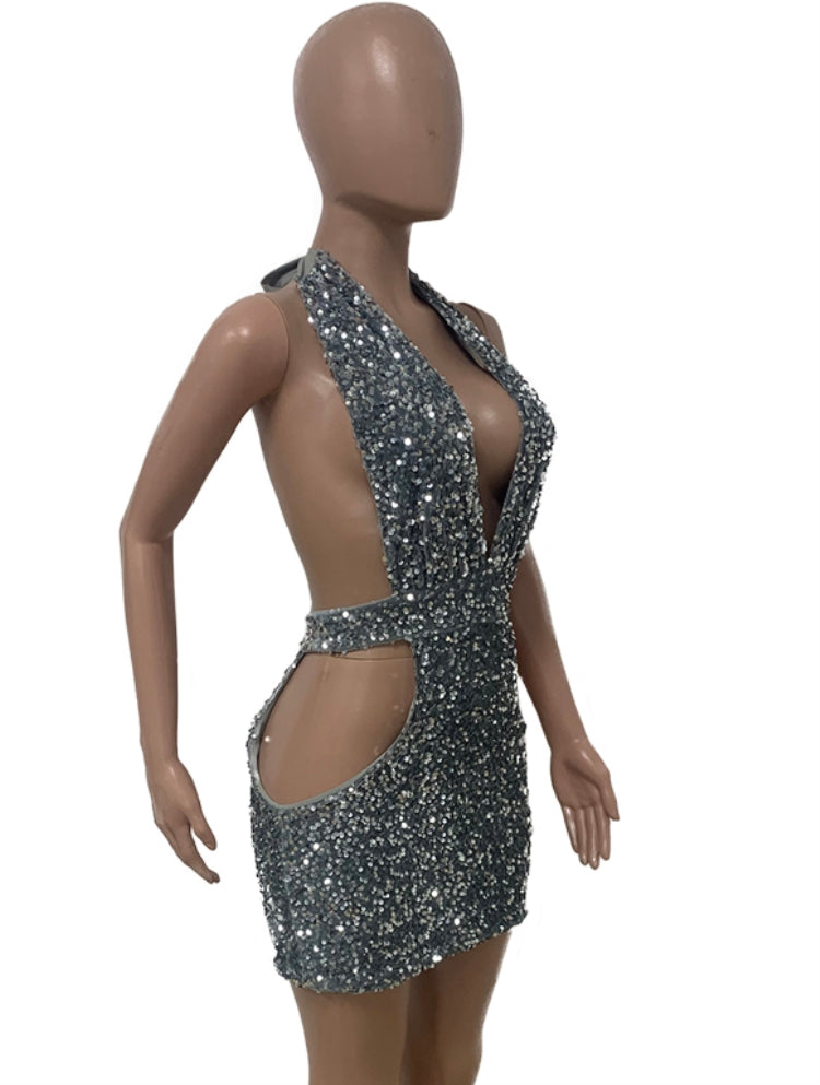 Autumn Silver Sequin Deep-V Backless Sexy Halter Mini Club Dress 6