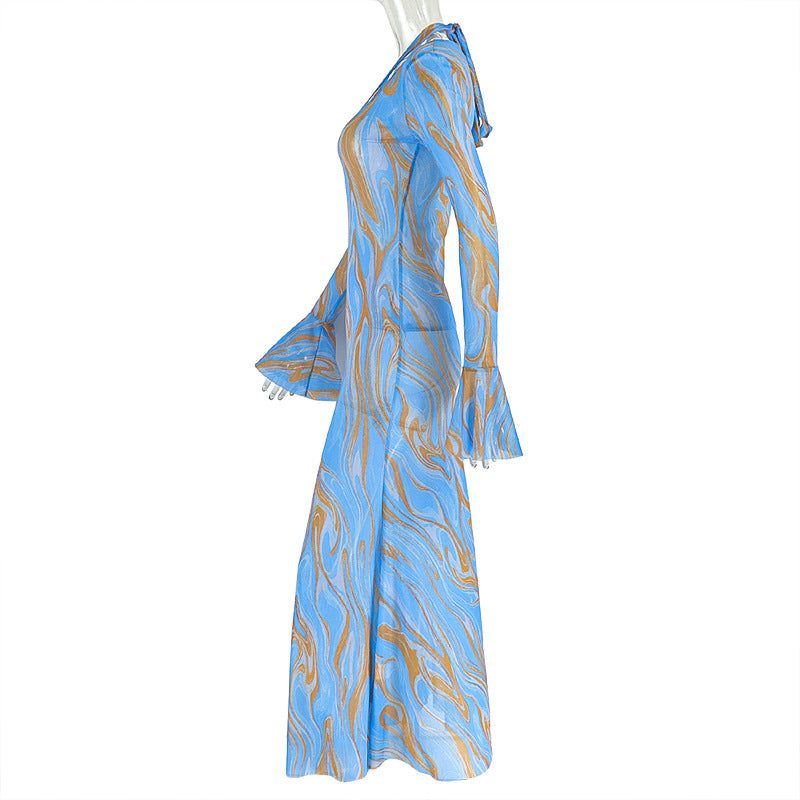 Round Neck Long-Sleeve Tie-Dye Print Dress 7