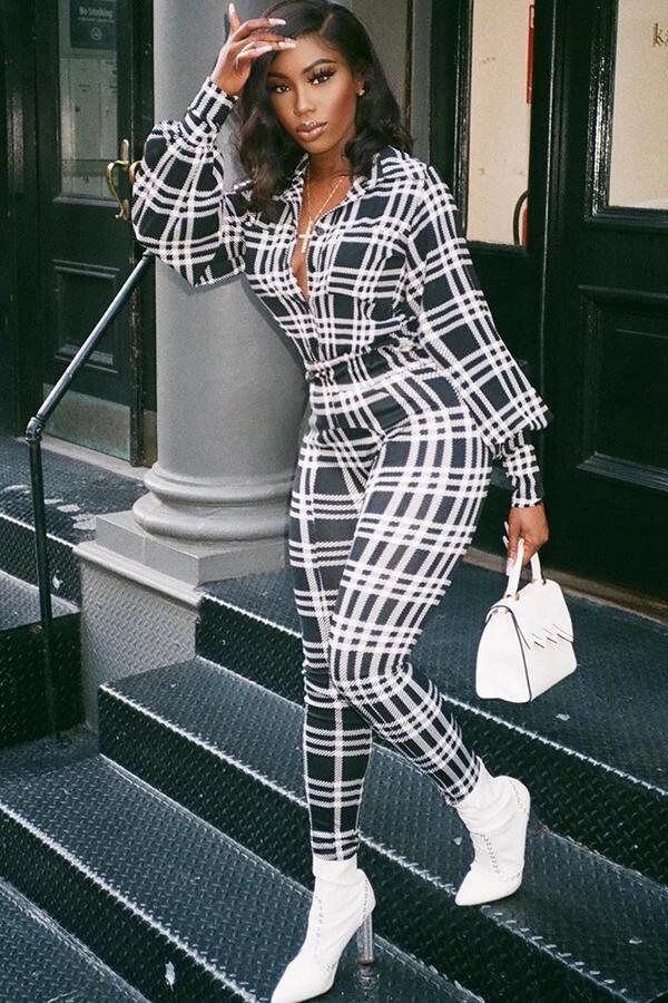 Fashionable Spring Turndown Collar Slim Puff Sleeve Women's Plaid Print Jumpsuit