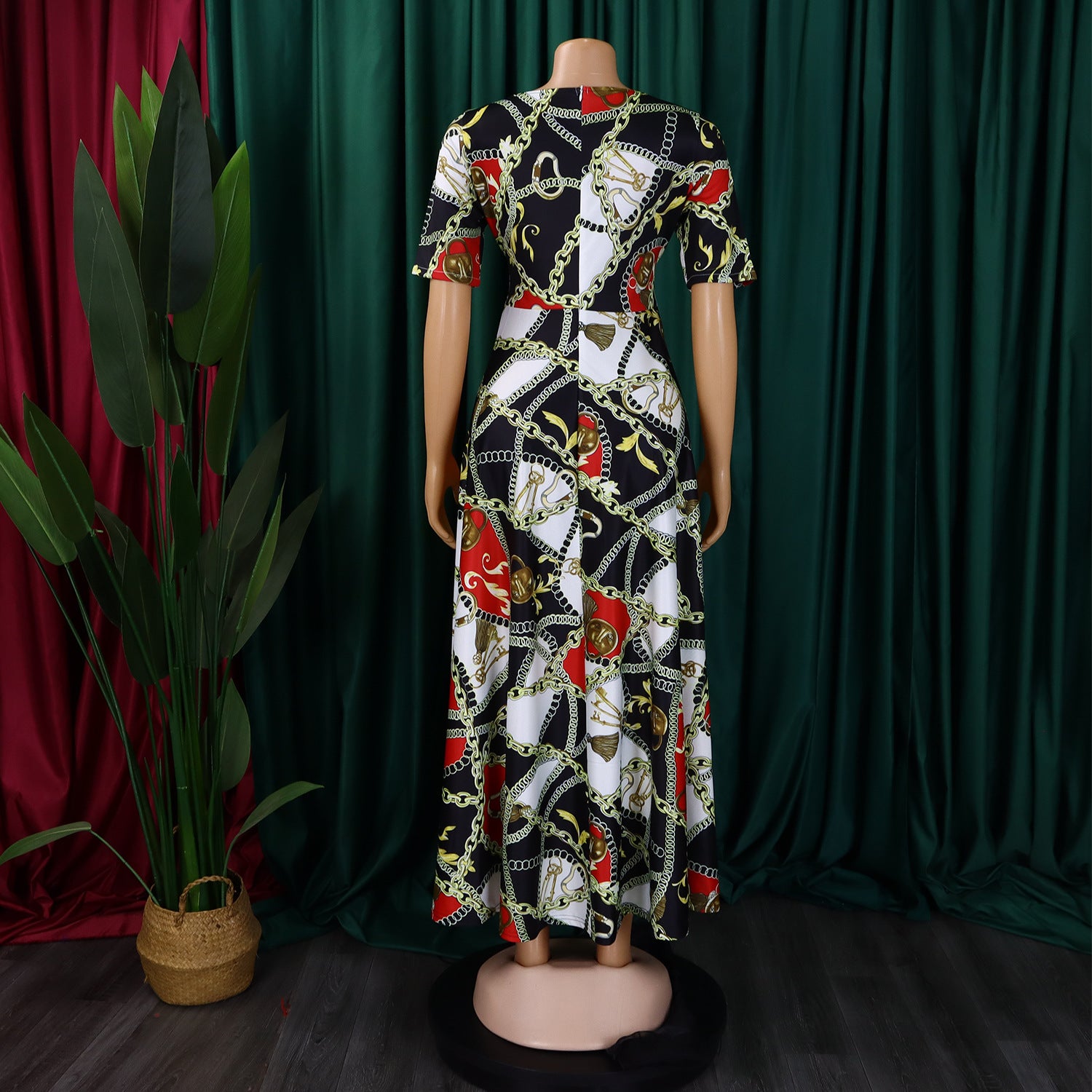 Women's Fashion Chic Tie-Waist African Plus Size Short Sleeve A-Line Dress 42