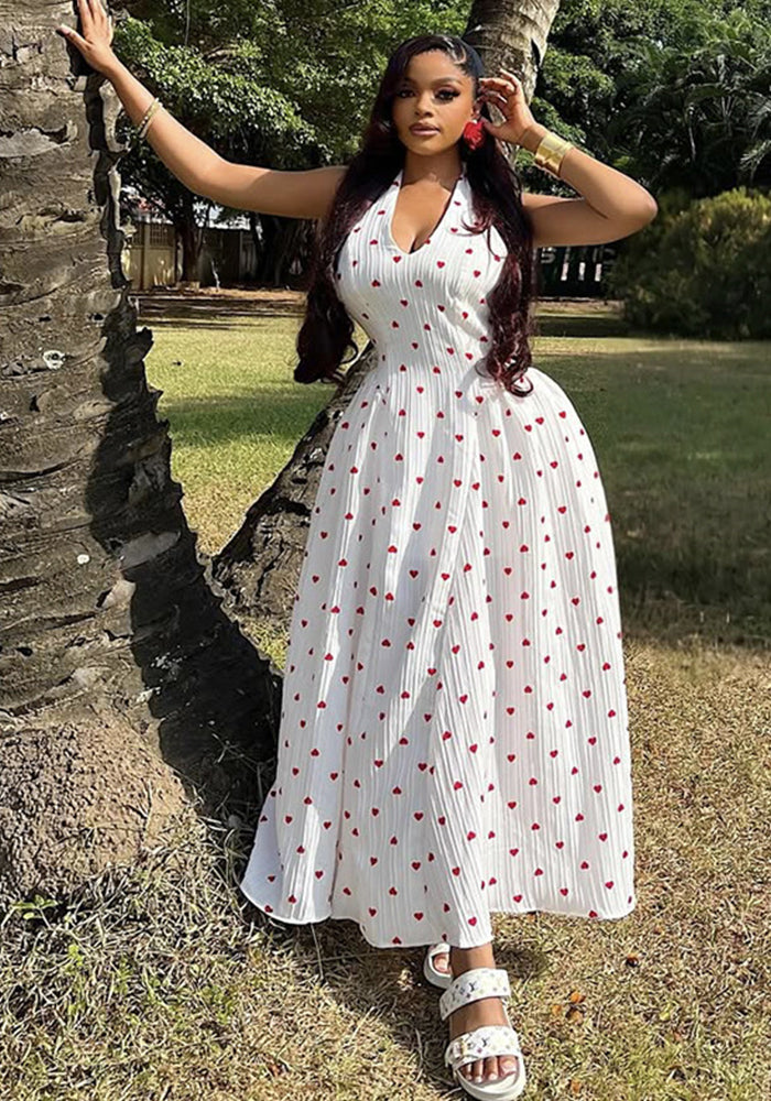Women's Summer Halter Neck/V-Neck Printed High Waist Long Dress