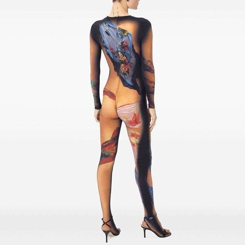 Women Body Painting Print Round Neck Long Sleeve Leg-Connected Jumpsuit 14