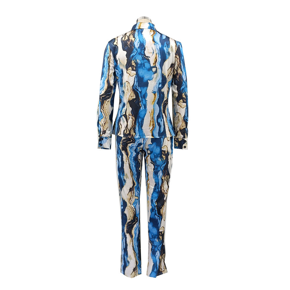 Glossy Irregular Printed Women's Shirt Pencil Pants Two Piece Set 14