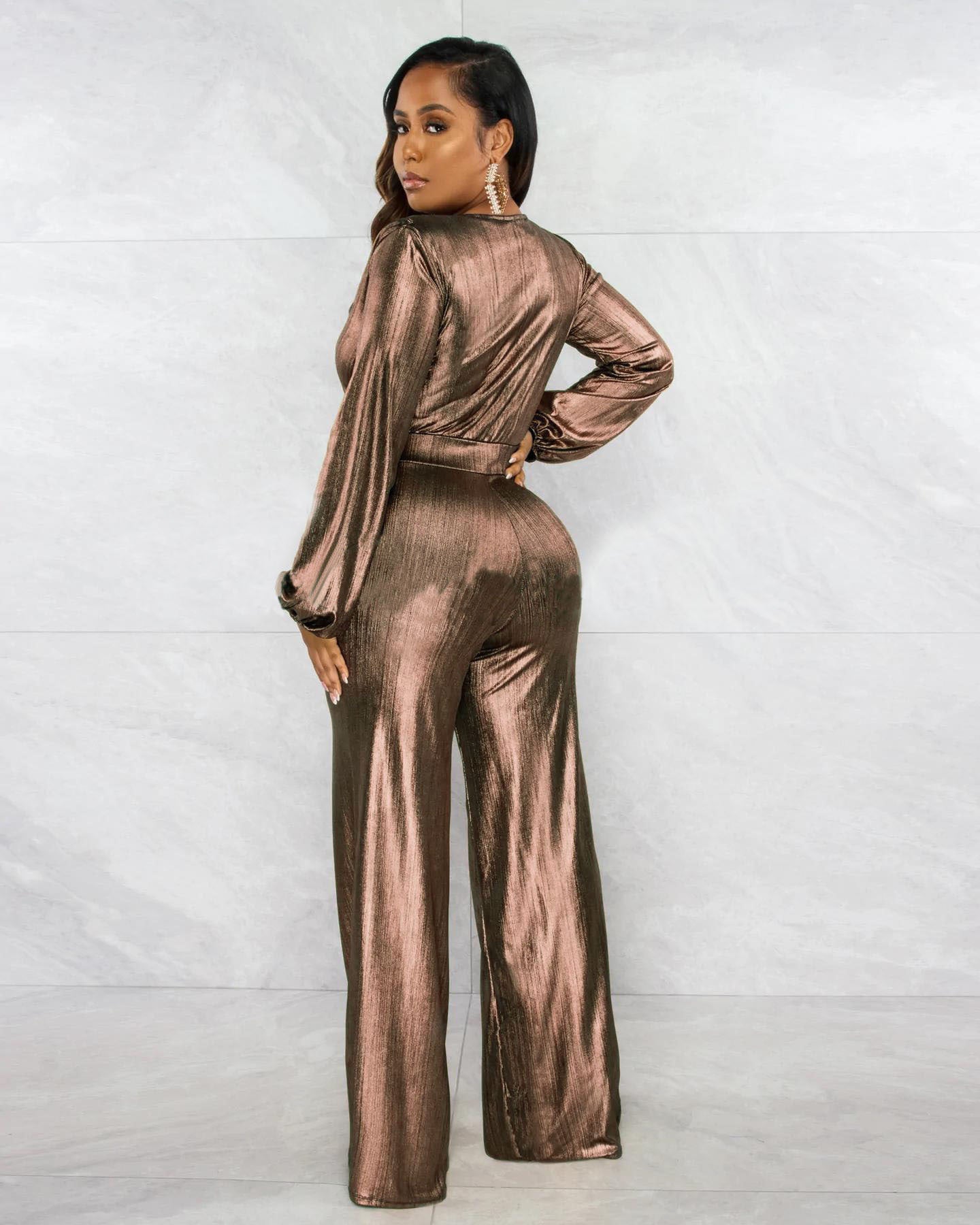Sexy V Neck Shiny Long Sleeve Ladies Jumpsuit 10