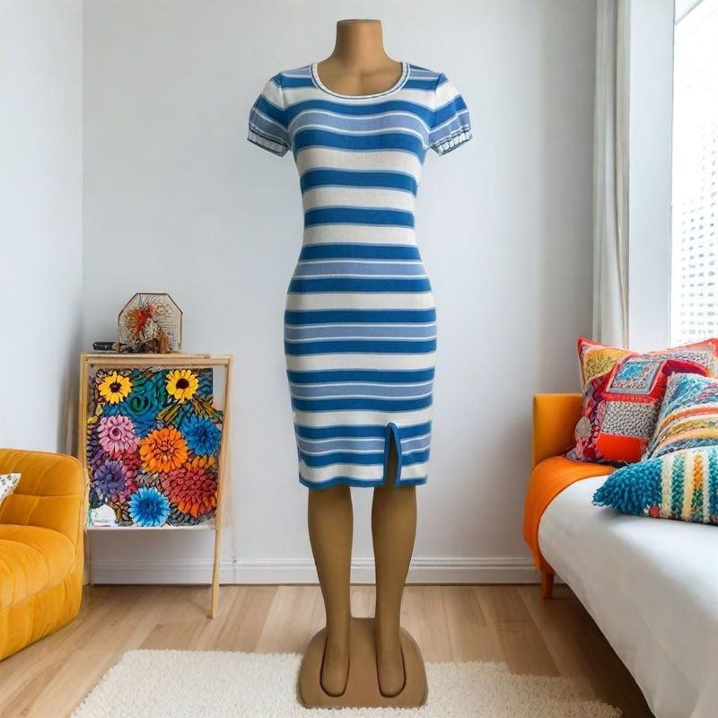 Women summer slit contrast stripe round neck short sleeve bodycon knitting dress 5