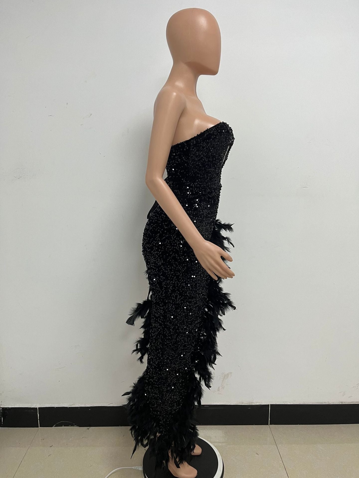 Women Sexy Off Shoulder Backless Sequin Feather Dress 41