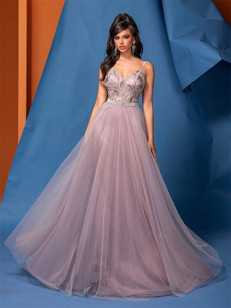 Women's Elegant A-Line Low Back Beaded Mesh Pink Sequin Strap Bridesmaid Formal Evening Dress 6