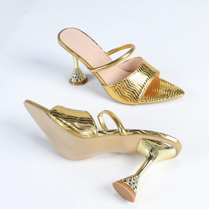 Women Pointed-Toe High-Heeled Gold Slipper Heels 5