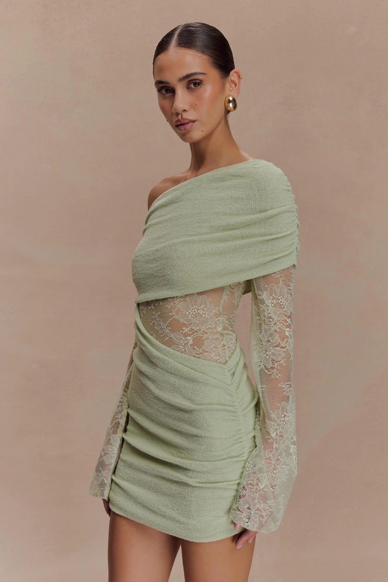 Women's Chic Lace Patchwork Off-Shoulder Knit Short Dress 20