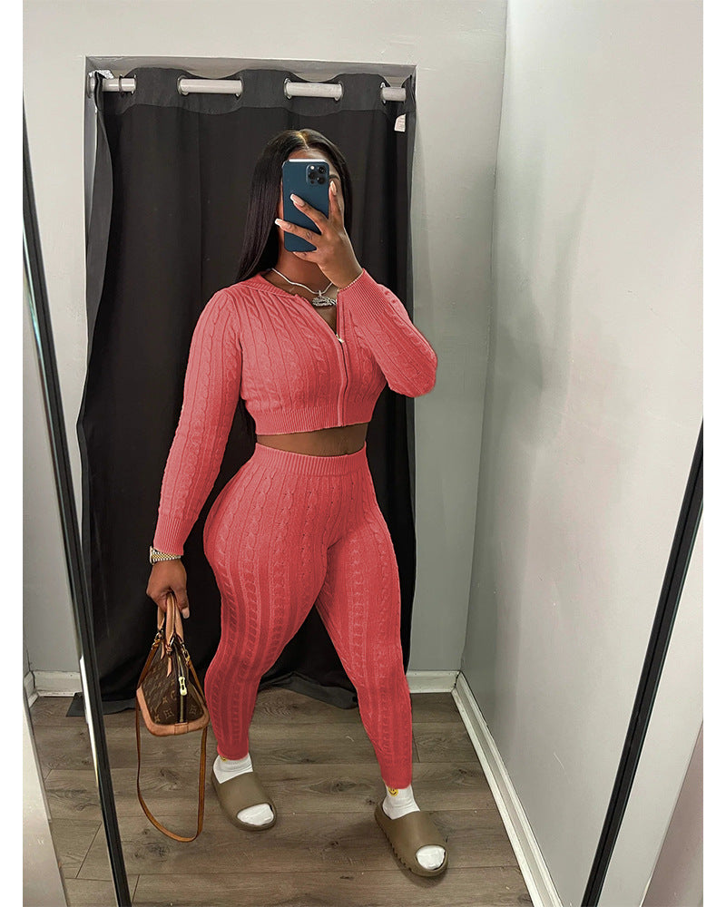 Women Solid knitting sweater and trousers two-piece set 6