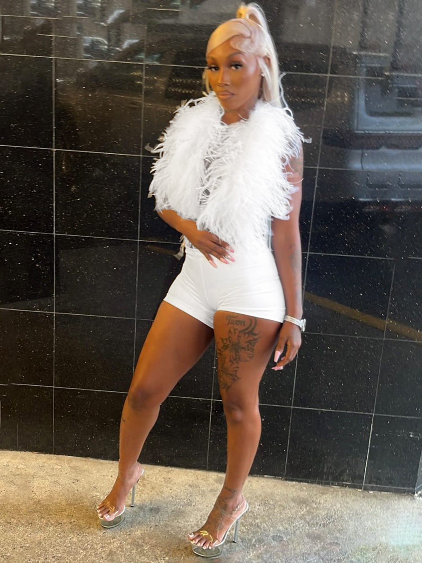 Women sexy nightclub Halter Neck Lace-Up Feather Top and Shorts two-piece set 5