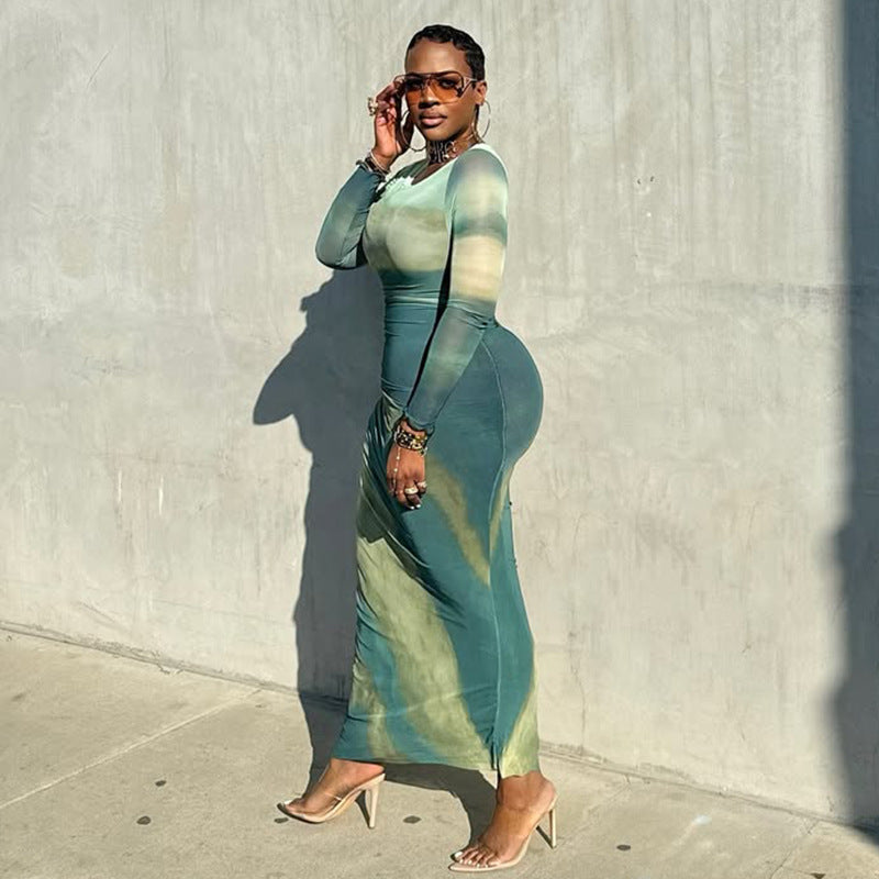 Career Women's Print Pleated Waist Tie Slim Fit Bodycon Round Neck Long-Sleeve Dress 8