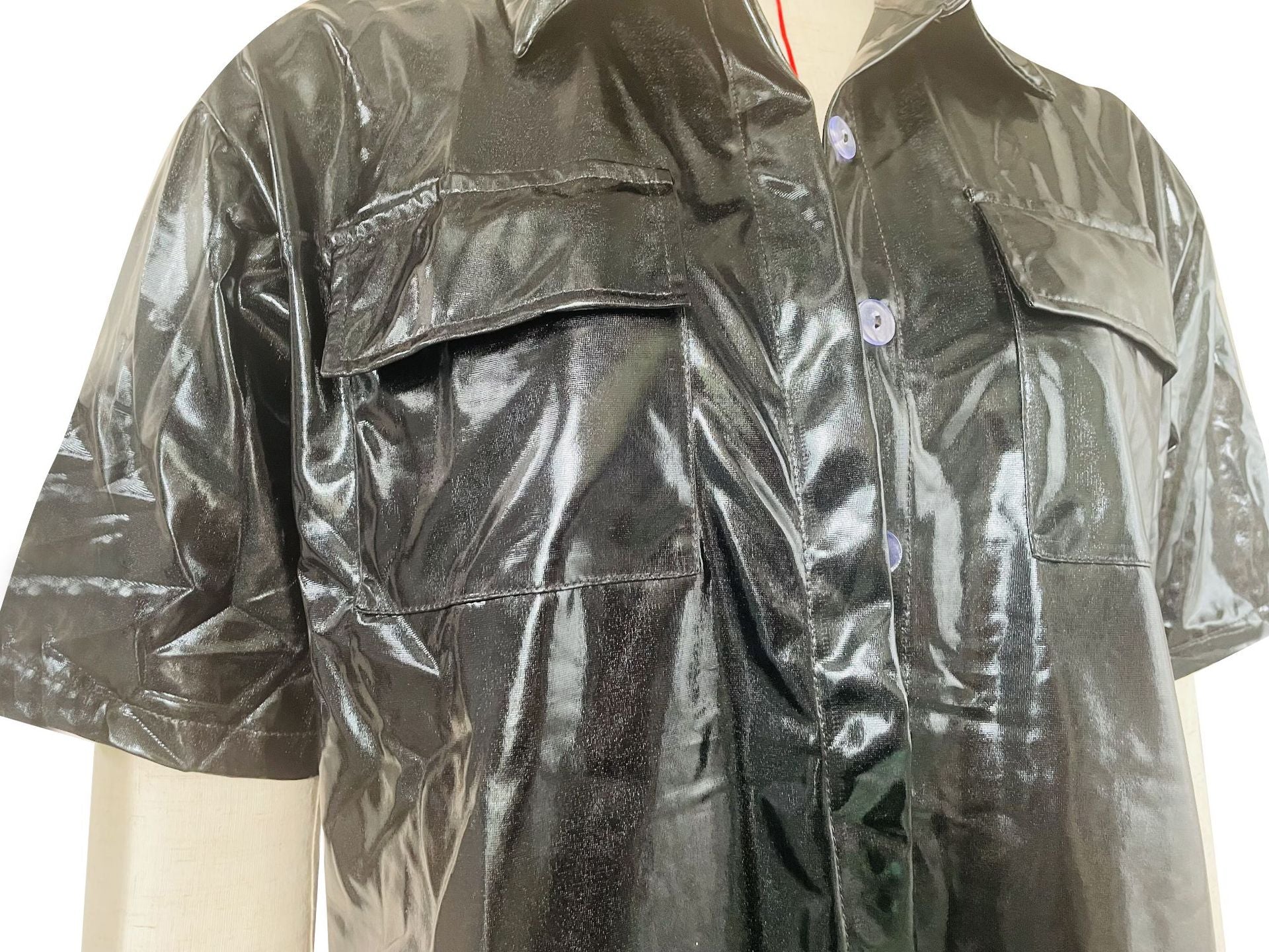 Women's Fashion Casual Shiny Faux Leather High Stretch Shirt Top 17