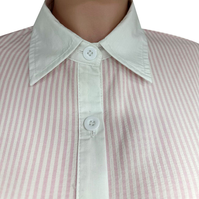 Summer Turndown Collar Long Sleeve Striped Shirt Elastic Waist Shorts Two-Piece Set 18