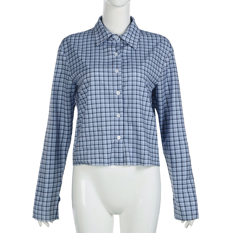 Women Fall Casual Turndown Collar Long Sleeve Top Plaid Shirt 5