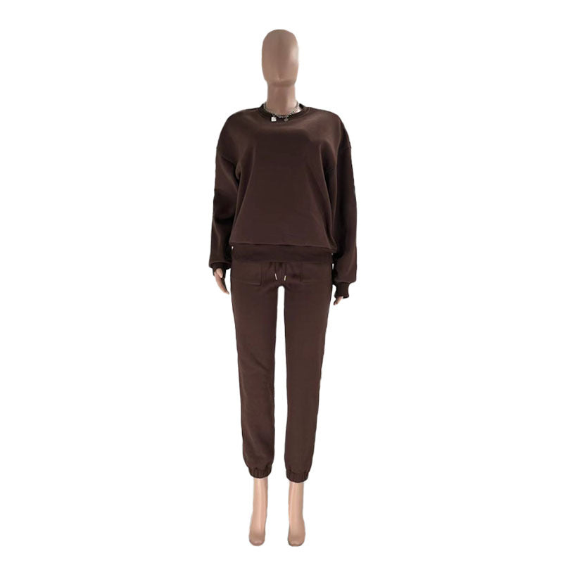 Solid Color Fleece Round Neck Pullover Long Sleeve Hoodies Fashionable Casual Pants Set 9