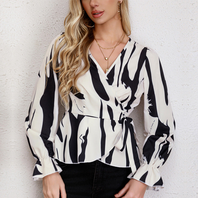 Chic Fashion Spring Black And White Print Loose V-Neck Lace-Up Long Sleeve Shirt Top 5