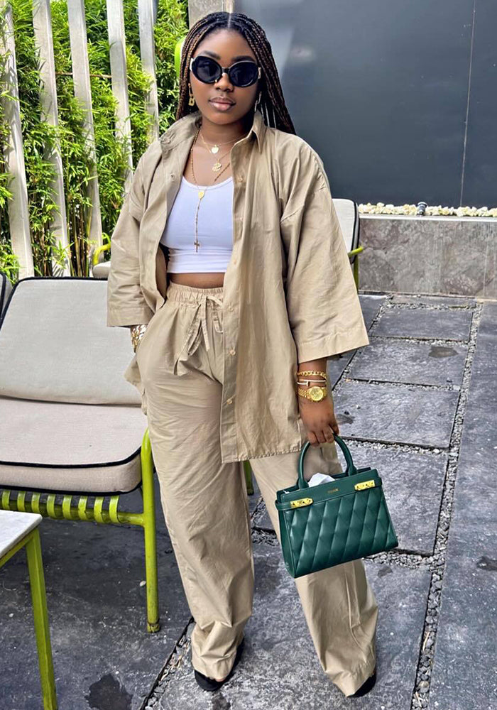 Fashion Women's Solid Color Casual Shirt & Tie Trousers African Two-Piece Summer Set