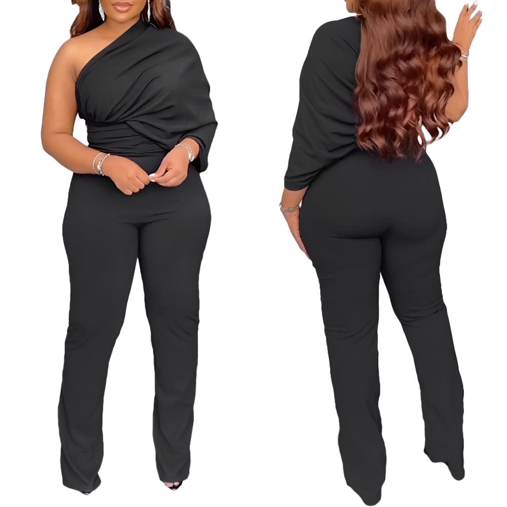 Women Solid irregular one-sleeve pleated Jumpsuit 6