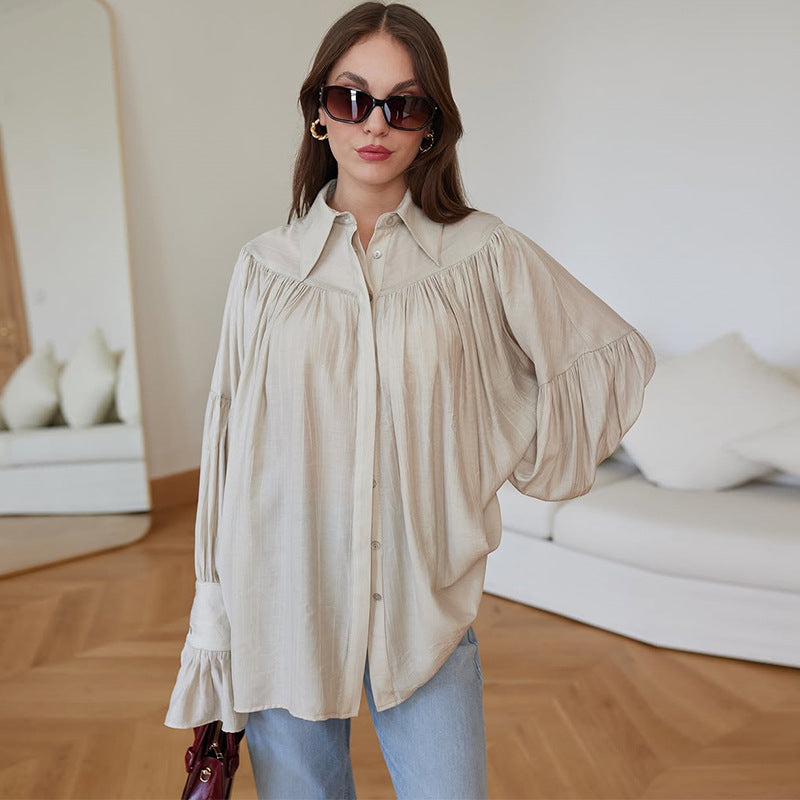 Women's Summer Chic Turndown Collar Bell-Bottom Sleeve Pleated Loose Long-Sleeve Shirt 6