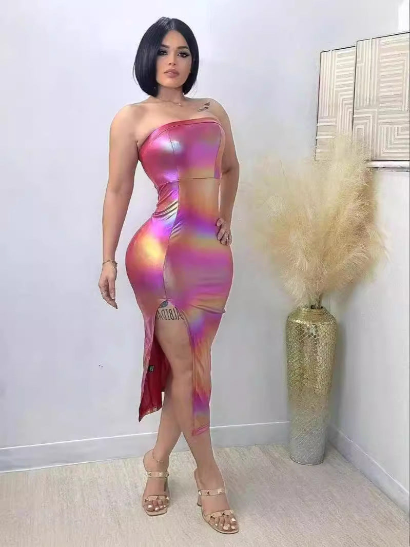 Women Clothing Features Shiny Gradient Pu-Leather High Slit Chest Wrap Dress 4