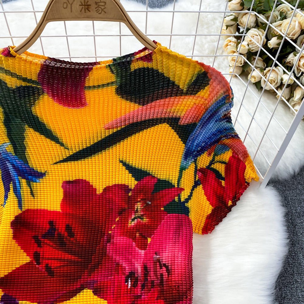 Fashion Women's Short Sleeve Printed Pleated Top High Waisted Slim Fit Wide Leg Pants Two-Piece Set 12