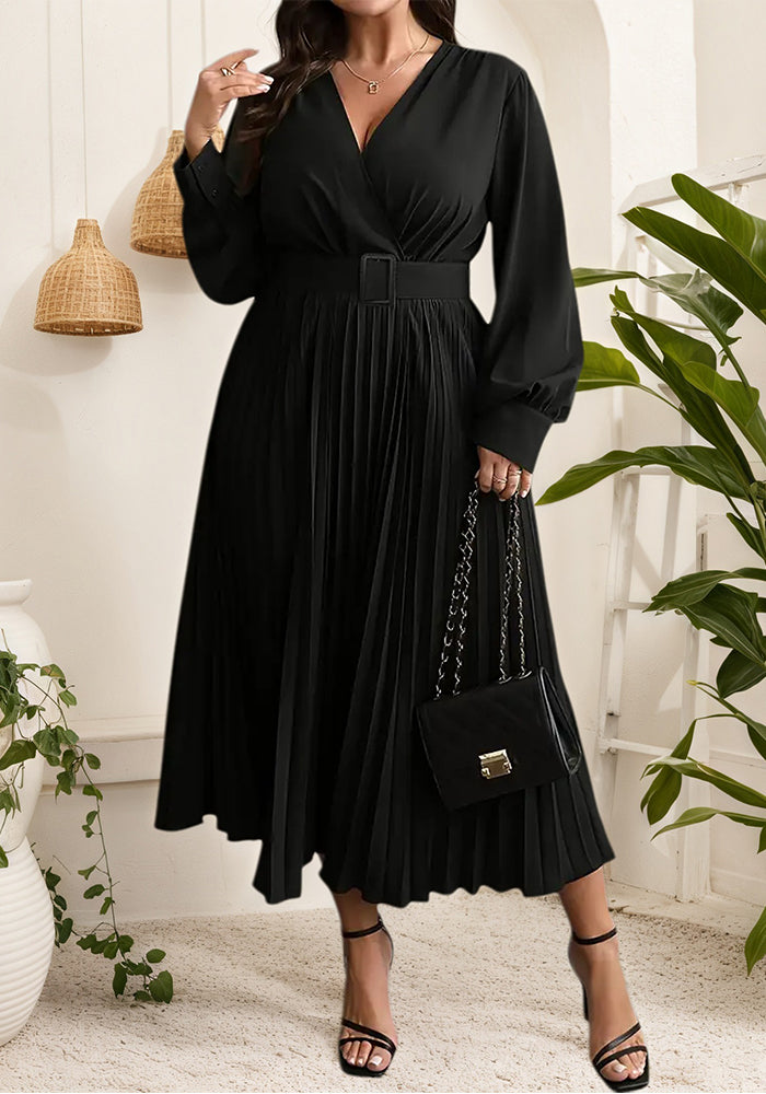 Women's Autumn Winter V-Neck Flare Plus Size Fashion Casual Belt Slim Waist Pleated Dress