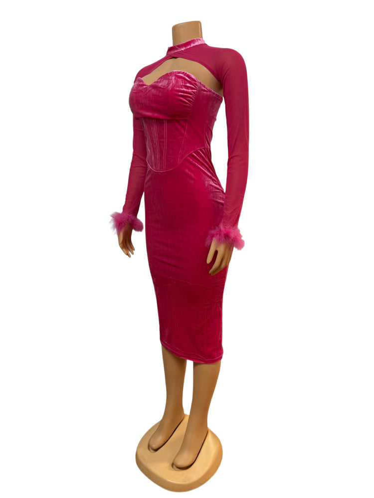 Low-Cut Sexy strapless Low-Back Bodycon Dress Feather Patchwork Long-Sleeve Top Two Piece Set 5