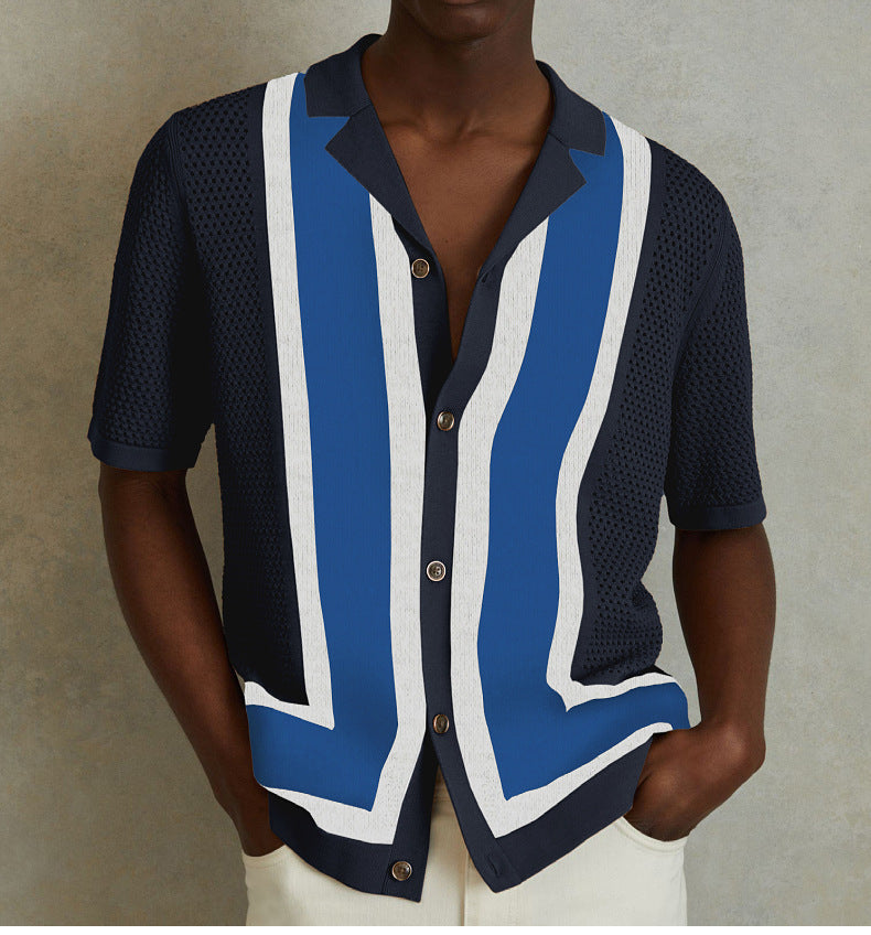 Men’s Striped Color Block Turn-Down Collar Short Sleeves Knitted Polo Shirt