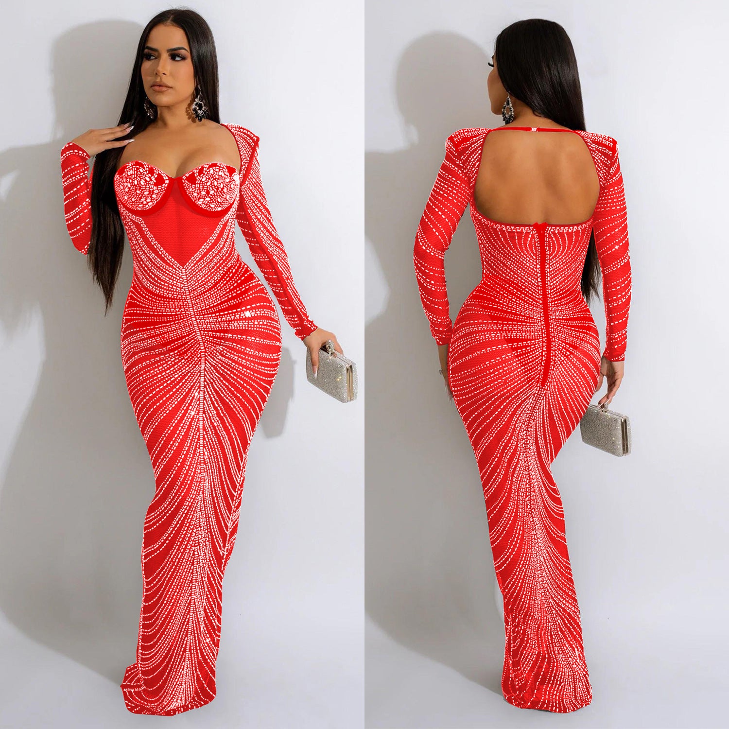 Fashion Women'S Rhinestone Beaded Mesh See-Through Long-Sleeve Backless Evening Party Long Dress 3