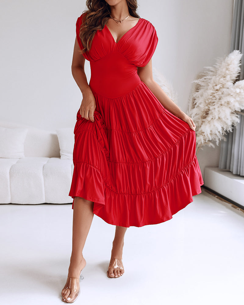 Red V-Neck Sleeveless Slim Waist Pleated A-Line Long Dress