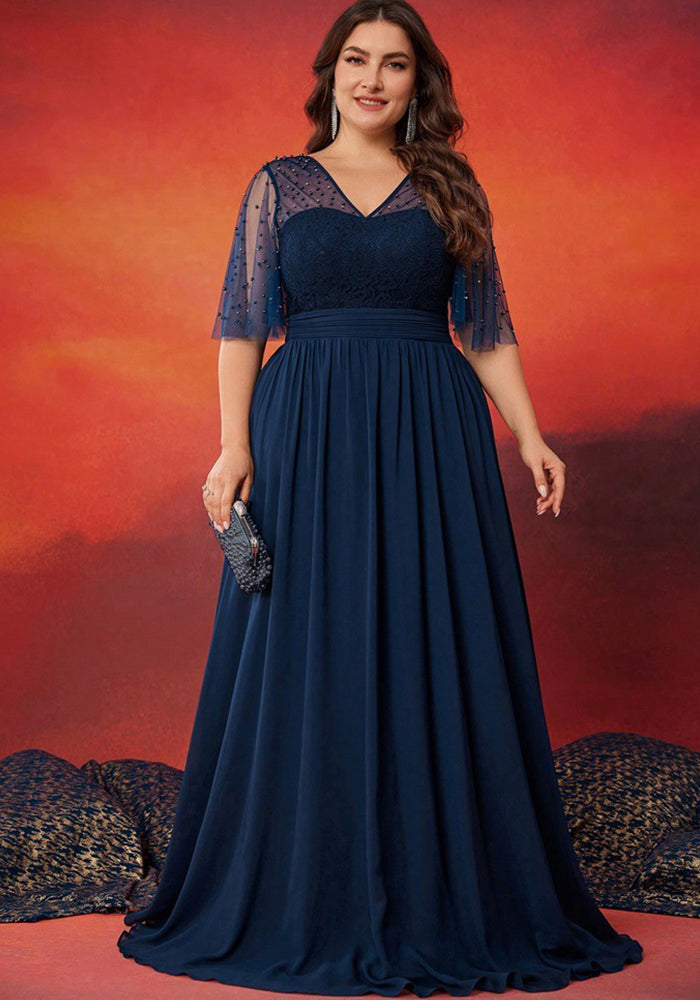 Women Beaded Lace Patchwork Chiffon Short Sleeve V Neck Elegant Dinner Ball Evening Dress