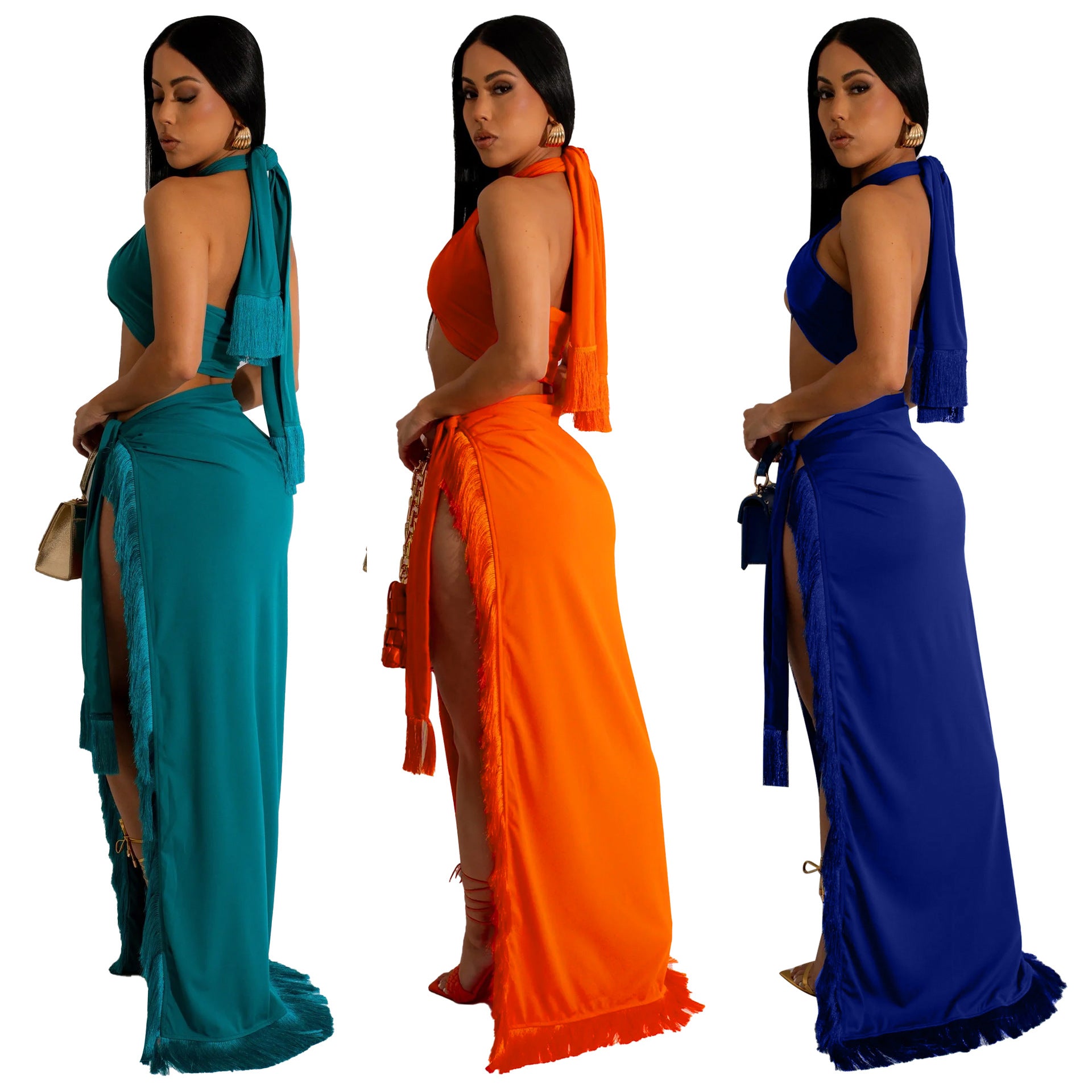 Summer Women's Sexy Wrap Breast Lace-Up Tassel Two Piece Skirt Set 8