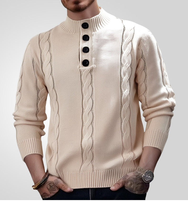 Men's American Button Stand Collar Knitting Solid Sweater