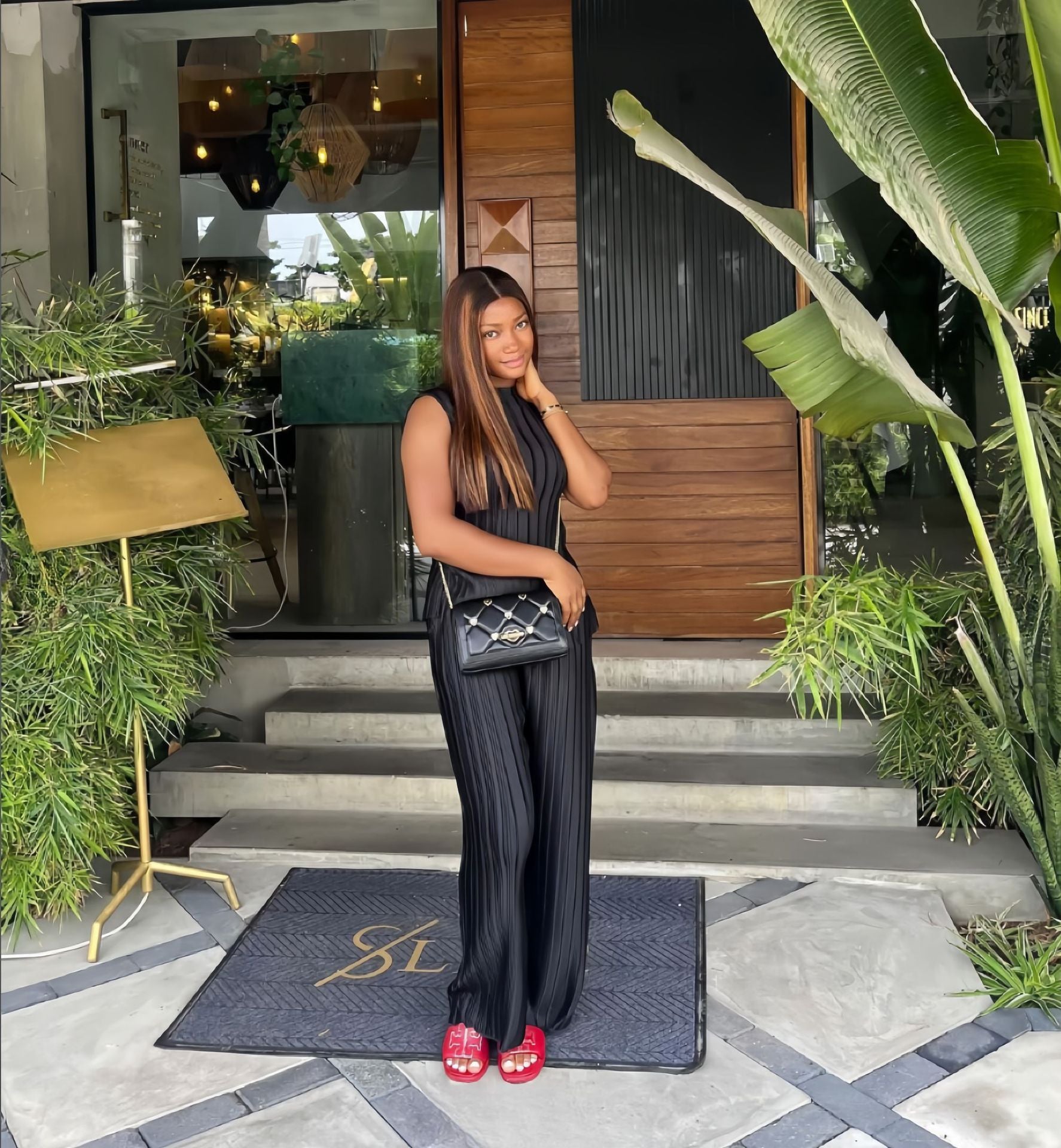 Women autumn solid sleeveless round neck top and wide leg pants two-piece set 5